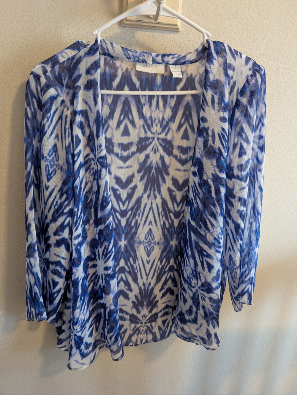 Chicos Women's Size 1 Medium 8/10 Blue Kimono Open Front Silver Sparkle Sheer